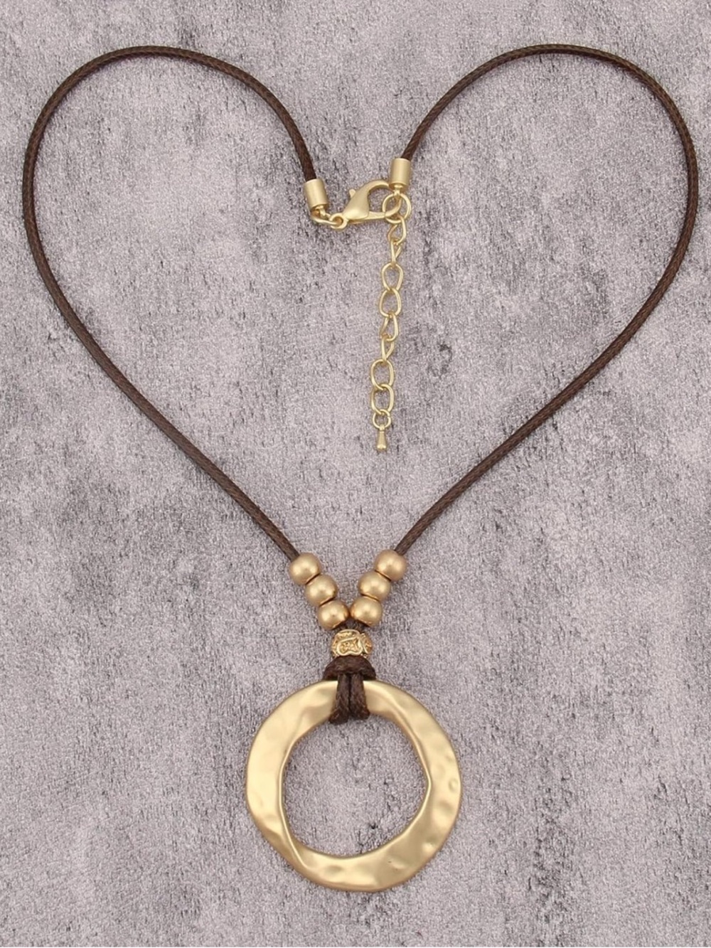 Anthropologie Gold Hammered Ring Pendant Necklace on Brown Cord - Picture 3 of 9